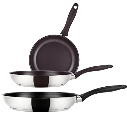 Fagor Enara Set Juego Sartenes Inducción 18-20-24 cm, Acero Inoxidable, Antiadherente Ecológico XYLAN PLUS sin PFOA, Fondo Difusor 3 Capas, Apta para Todas Las Cocinas, Vitrocerámica, Gas