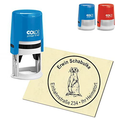 Stempel Adressstempel personalisiert - stehendes Erdmännchen - rund ∅ 40mm Automatikstempel als Firmenstempel Namensstempel Bürostempel