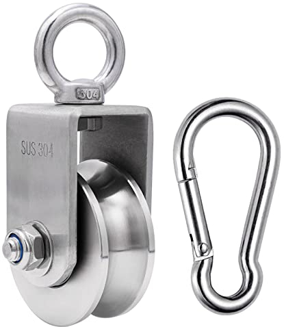 Umlenkrolle mit M10 Karabinerhaken, Blockseilrolle für Stahlseil Seile, Seilrolle Flaschenzug Edelstahl 304, Tragkraft 800kg