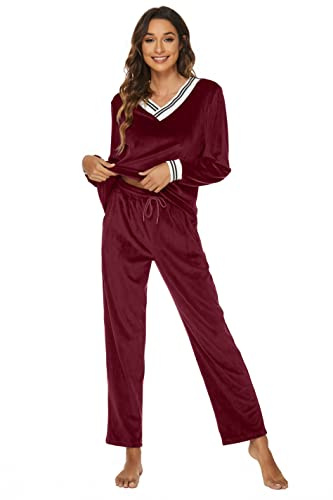 Ietaoo velour träningsoverall dam pyjamas tvådelad joggingdräkt sportdräkt vinter v-ringad tröja och byxor Nicki hemmadräkt pyjamas-set, Vinröd, XL