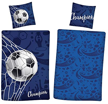 Familando Fußball Bettwäsche Set Decke 135x200 Kissen 80x80 cm aus 100% Baumwolle mit Reißverschluss · Oeko-Tex Bettwäsche, Blau mit Ball im Tor · weiche Kinderbettwäsche, Maschinenwaschbar