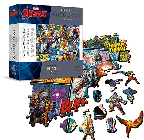 Trefl - Holzpuzzle: Marvel Comic Universe - 1000 Elemente, Wood Craft, Holzhandwerk, unregelmäßige Formen, 100 Superheldenfiguren und -Attribute, Premium-Puzzle, holzpuzzle Erwachsene