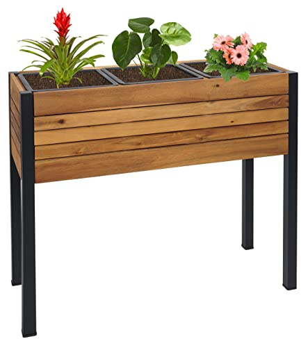Pflanzkasten HWC-L22, Hochbeet Pflanzkübel Blumenkasten, 75x81x30cm Outdoor Alu Akazie Holz FSC®-Zertifiziert, braun