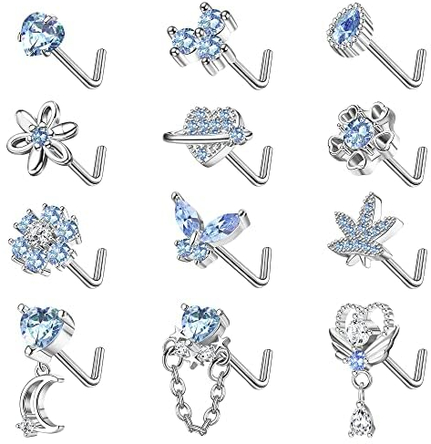 Kakonia 12Pcs 20G Nose Studs Rings for Women L Shaped Corkscrew Dangle Stainless Steel Piercing Jewellery CZ Heart Moon Butterfly Men, L-Blue (JBP13-BU)