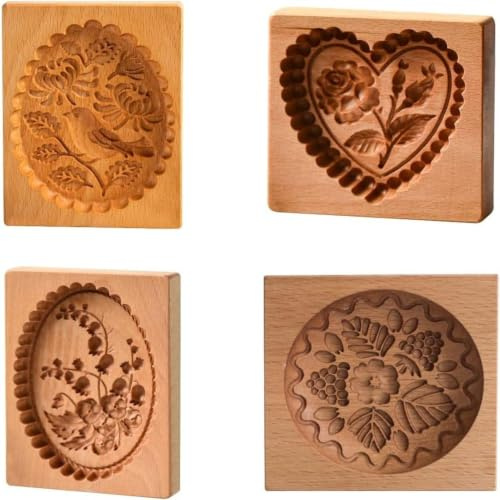 Anloximt 4Pack Holzkeksform Ausstechform Holzbackform Kekse Stempel Geschnitzt Impressum Formen Presse Geschnitzt Holzkeksform Für Mondkuchen Keks Schokolade