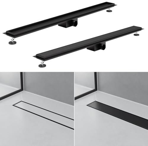 Canaleta de ducha 2 en 1, color negro, desagüe de suelo, canalón de acero inoxidable, colador para el pelo, 100 cm