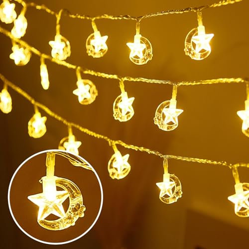 LED Ramadan Beleuchtung - 10M 80 LED Mond Stern Lichterkette, IP44 Wasserdicht, USB/Batterie betrieben, 2 Modi, Warmweiß 3000K - Ramadan Kareem Dekoration für Eid Mubarak, Party, Balkon