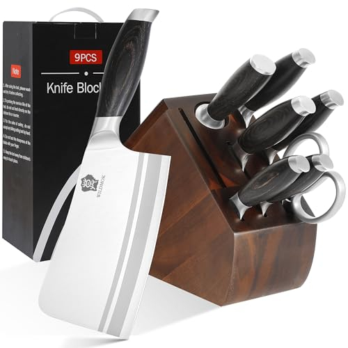 WILDMOK Ensemble de blocs de couteau à 9 pcs, ensemble de couteaux de cuisine avec bloc en bois, en acier inoxydable allemand en acier tranchant pointu avec hachoir à os