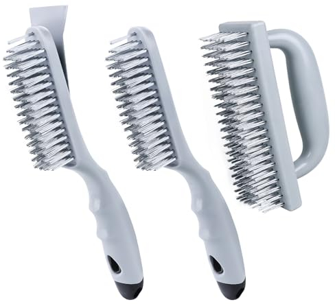 ANDOUNIER Juego de 3 cepillos de alambre de acero inoxidable, tamaño de 6.9 x 2.6 pulgadas, 144 paquetes de cerdas, cepillo de alambre de bloque con mango fuerte, para limpiar escoria de soldadura y