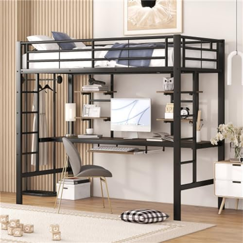 Etagenbett mit Schreibtisch und Bücherregal Schwarz 90 * 200cm Eisenbett mit Metallbettgestell und Fallschutz Geeignet für Erwachsene, Jugendliche und Kinder Hochbett