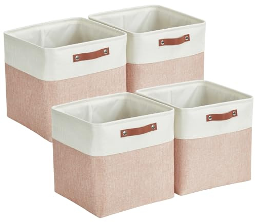 Mangata Collapsible Storage Cube Boxen, 30CM Cube Leinen gewebt Stoff Lagerung Körbe mit Ledergriffen 4PCS(Pink und Weiß)
