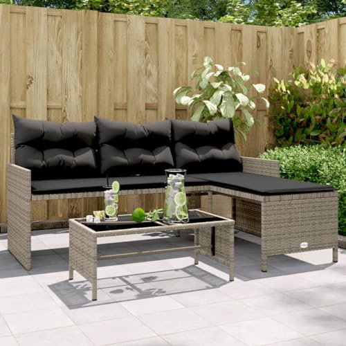 Homgoday Gartensofa in L-Form mit Tisch und Kissen Balkonmöbel Balkonsofa Ecksofa Lounge Terrassensofa Rattansofa Loungesofa Gartenmöbel Sitzgruppe Grau Poly Rattan