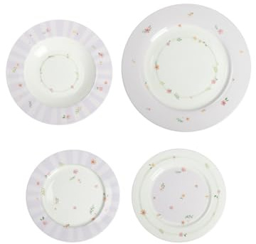 Brandani 51136 - Juego de 18 platos llanos de porcelana de hueso, plato llano de 27 cm de diámetro, plato hondo de 22 cm de diámetro, platillo: 19,5 cm de diámetro, delicadas flores y brotes,