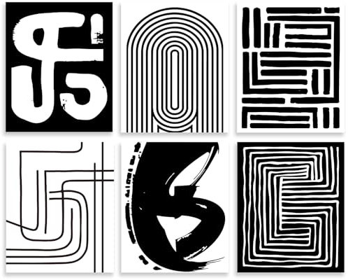 WEBEEDY 6 Pack Black and White Abstract Wall Art Minimalist Geometric Canvas Prints Wall Art Set Unframed Striped Pictures Modern Geometric Line Art Print for Office Home Decor,20x25cm