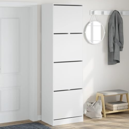 CINDERFUL Schuhschrank mit 4 Klappen Weiß 60x42x204 cm,Schuhkipper mit Klappen für ordentliche Schuhaufbewahrung!