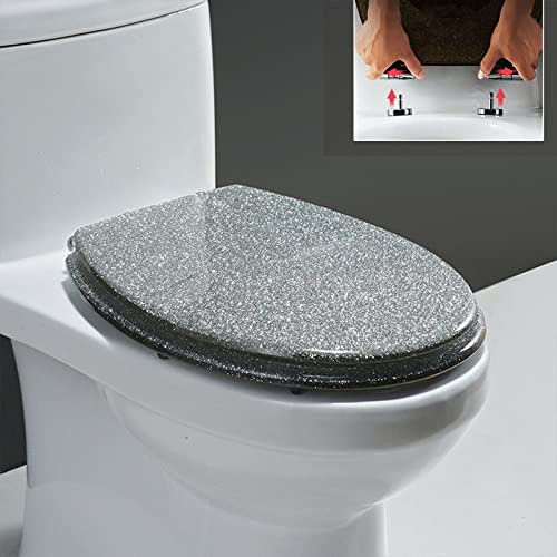 Giural Toilettendeckel Glitzernder, WC Sitz Mit Absenkautomatik, Klodeckel Mit Schnellverschluss, Duroplast Klobrille Montage Von Oben, Toilettensitz Glitzer, O Form,Silber