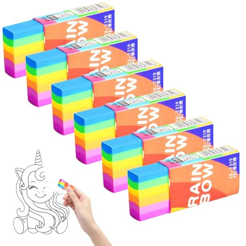 6 Stück Radiergummis - Regenbogen-Radiergummis für Kinder in der Schule, Büro, Kinder, Erwachsene, klassischer, latexfreier Kunststoffgummi