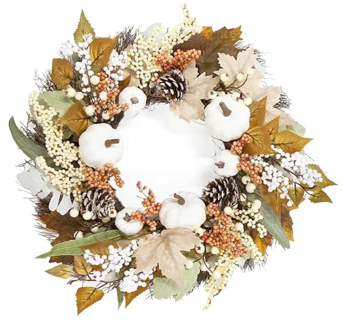Herbstkränze für die Haustür, 45,7 cm großer Herbst-Türkranz mit Ahornblättern, Kürbis, Tannenzapfen und Beeren, Herbstdekorationen aus Kunststoff für Zuhause, Erntedankfest, Halloween, Bauernhofernte