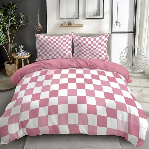 Quixora Housse de Couette 140 x 200 cm Fille Garçon Réversible Parure de Lit en Microfibre 1 Personne Dessin Minimalisme à Carreaux Roses avec 2 x Taie d'oreiller 65x65, Rose