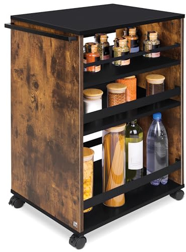 bomoe Nischenwagen Servierwagen auf Rollen mit 3 verstellbaren Ebenen FSC® | 50x38x79cm braun schwarz Küchenwagen mit Arbeitsplatte freistehender Universal Rollwagen Küche Bad Büro Holz Bengt