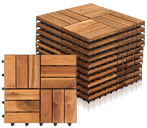 Eulenke 1m² Holzfliesen Balkonfliesen Terrassenfliesen 30 x 30 cm, Balkonboden Wetterfest, 12 Latten Fliesen aus Akazien Holz, für Terrassen Balkon Garten(11 Stück)