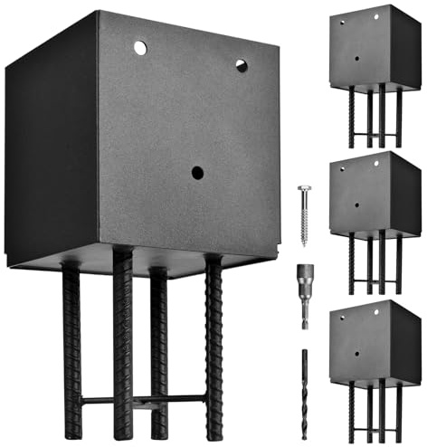 4 Pack Metal Post Base Holder, 6''x6'' (Internal 5.5x5.5), Post Anchor Brackets Ground Spike Use for Concrete Deck for Wood Fence, Railing, Pergola, Porch (Black)