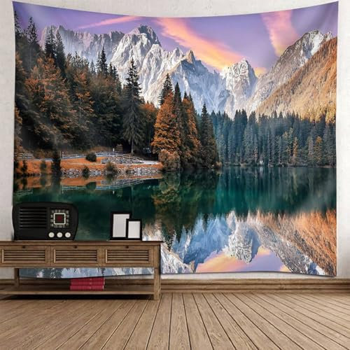 Musihy Berg Wandteppich | Polyester Fluss Bäume Berge Landschaft Wandteppiche für Wohnzimmer, Wohnkultur | Braun Grün, 260x240cm