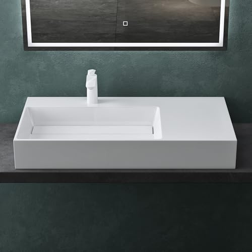 Mai & Mai Waschbecken 90x48x13cm aus Mineralguss Weiß | Aufsatzwaschbecken Hängewaschbecken Waschtisch Waschplatz ohne Überlauf Becken links Colossum12