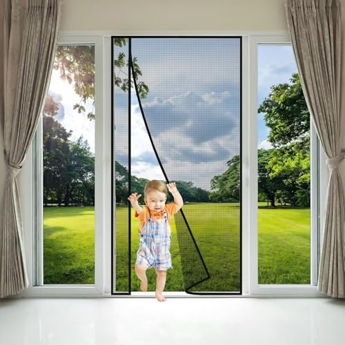 Cortina de puerta con pantalla magnética 145x180cm Negro Puerta con pantalla antimoscas, mosquitos antiinsectos para entrada Interior/patio/puerta corredera