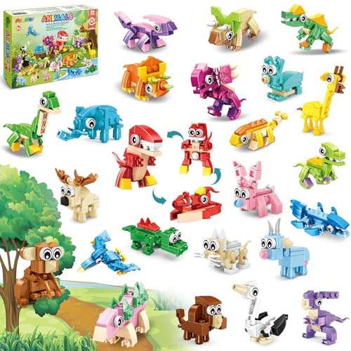 MOONTOY Cadeau Anniversaire Enfants Invités, 24 Animaux en Blocs de Construction, Mini Dinosaures Jouet de Construction, Calendrier de l'avent, Sac Cadeau pour Enfants de 3 à 12 Ans Garçons Filles