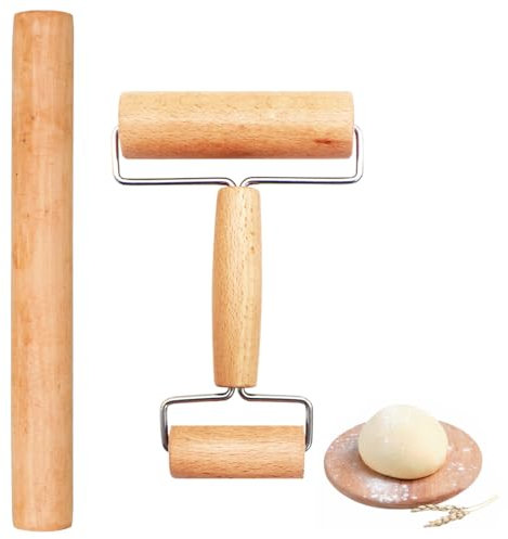Rodillos de Amasar, Antiadherente Rodillo de Madera con 2 Rodillos Rodillo para Hornear Pizza, Pasta, Galletas, Pastelería, Pan, Fondant, Mango Ergonómico, Amasado Uniforme