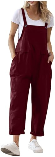 OVARA Ladies Dungarees Casual Baggy Overalls with Pocket Summer Sleeveless Linen Jumpsuits for Women UK Plain Lightweight Button Straps Bib Pants