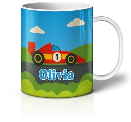 iCaseDesigner Personalised Children's Mug - Unbreakable Lightweight Polymer - Add Your Own Name - Vehicle Theme - Race Car