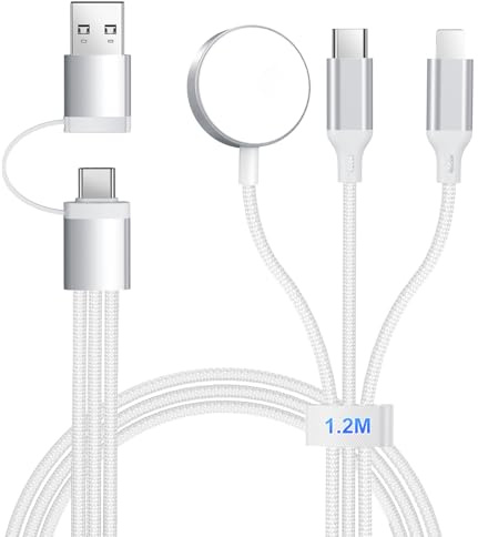 USB C Ladekabel für Apple Watch und iPhone - 1,2 M Universal Nylon Charging Kabel, 3 in 2 Multi SchnellLadekabel Mehrfach Ladegerät für iPhone 17/16/15/14/13/12/11/iPad/AirPods/iWatch Serien (Weiß)
