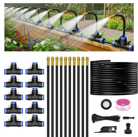 Drip Irrigation System Kit 32.8FT, Automatic Plant Watering System for Small Garden & Greenhouse, 360° Adjustable Brass Nozzles, UK Tap Connector, Water-Saving for Potted Plants & Raised Beds
