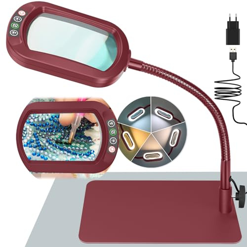 Drdefi 10X Rectangle Lupe mit Licht und Ständer, Echtes Glas Lupenlampe, 5 Farbmodi Stufenlos Dimmbar, Flexible Schwanenhals LED Beleuchtete Schreibtischlampe, Freihändige Lupenleuchte für Lesen Rot
