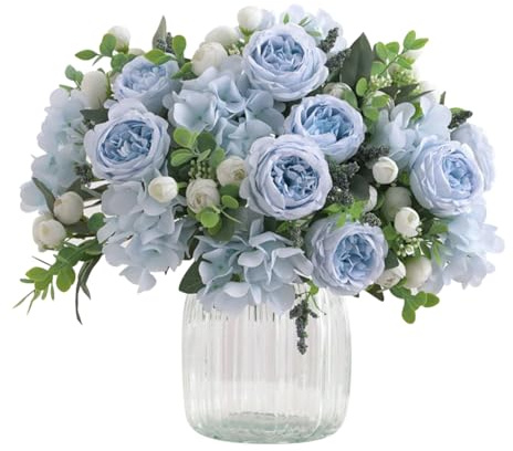 2 racimos de peonías artificiales de seda, color azul, hortensias sintéticas, arreglos florales realistas, centro de mesa, ramo decorativo de tela con tallos y hojas