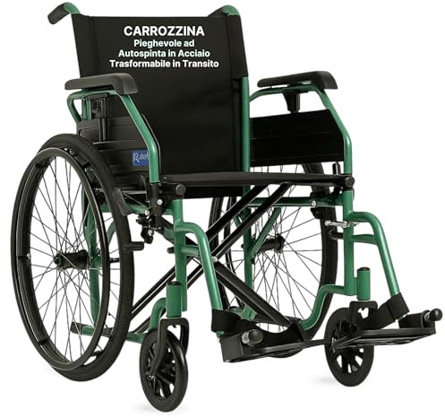 REMEDIA ONE - Carrozzina Pieghevole ad Autospinta in Acciaio Verde - Sedia a Rotelle per Anziani e Disabili Trasformabile in Transito