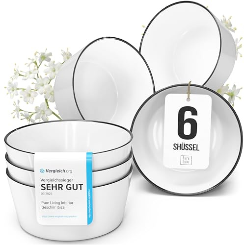 Porzellan Müslischalen 6 Personen Scandi TESTSIEGER, Traumhaftes skandinavisches Porzellan Müsli Schüssel Set, Kleine Schüssel, Müslischale - Pure Living in weiß