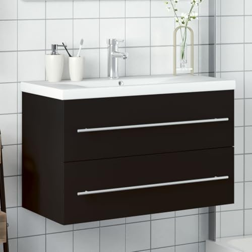 QJBSAVVA Mobile sottolavabo con lavello da incasso, nero, 80 x 38,5 x 48 cm, in ceramica, moderno, con rubinetto, per piccoli bagni e WC