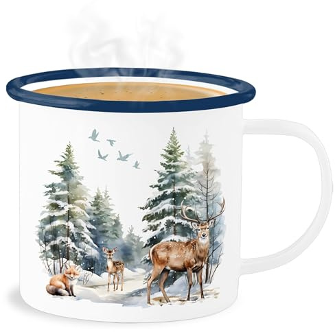 Emaille Becher Blechbecher - Weihnachtstasse Tasse - Winterwald Tiere Motiv I Winter Geschenk Winterzeit I Winterlandschaft I Waldtiere Fuchs Reh Hirsch I Wintermotiv I Weihnachtszeit Geschenk