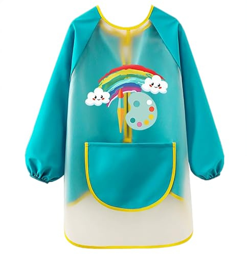 Heyjoin Art Smock for Kids Waterproof Graffiti Apron with Pocket Toddler Painting Aprons (Rainbow Blue Apron-XL)