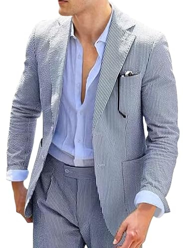 Abito da Uomo in Lino, Completo da Uomo in Seersucker a Righe, vestibilità Slim, 2 Bottoni, Giacca e Pantaloni per Matrimonio Estivo