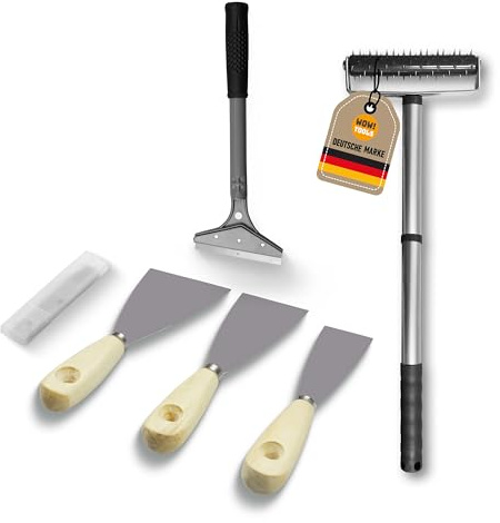 WOW!TOOLS Tapeten-Entferner-Set mit Igelwalze, Schaber, Malerspachteln | Inkl. 5 Stahlklingen, 3 Spachteln (40/60/80 mm), teleskopierbare Walze 34-54 cm, austauschbare Klingen