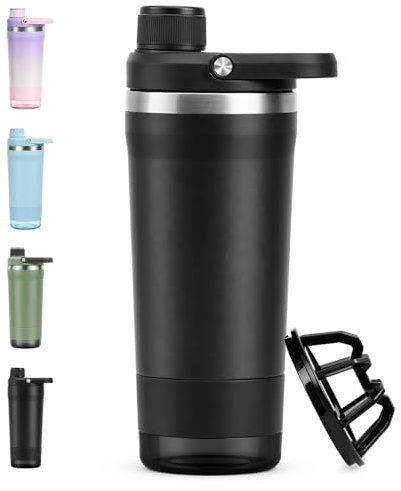 RDTOK Shaker Edelstahl 700ml, Edelstahl Shaker Doppelwandig mit Pulverfach | Proteinshaker mit Innenskalierung für eisgekühlte Proteinshakes, Klumpenfrei, Auslaufsicher für Freizeit und Sport, BPA-Frei