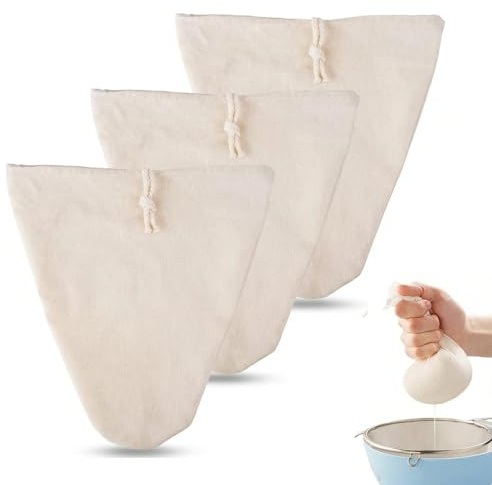 3 PCS Sac a Lait Vegetal Bio Lavables,Etamine Alimentaire en Coton et Lin | Matériau naturel de qualité,Solide et lavable,coutures renforcées,Filtration fine,Fermeture par cordon anti-fuite,Polyvalent