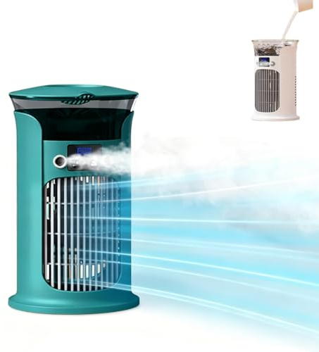 Aire acondicionado portátil pequeño con doble niebla, refrigeración de 3 velocidades, mini enfriador de aire alimentado por USB con luces LED de 7 colores, tanque de agua de 880 ml, mini unidad de