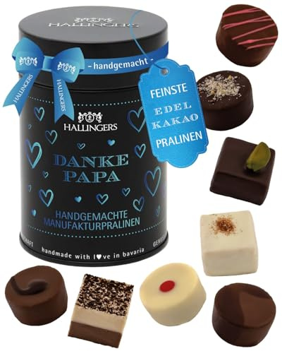 Hallingers Genuss Manufaktur Pralinen Vatertagsgeschenk - ohne Alkohol, handmade aus Confiserie-Edelkakao in wertiger Geschenkdose Danke Papa, Geschenkidee für Papa Opa