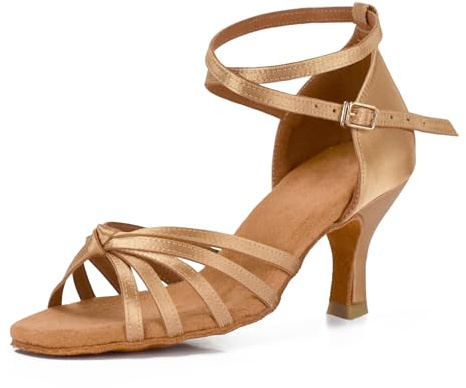 VASHCAME - Ballroom för kvinnor / latinska dansskor sandaler, Beige knut klack 7 cm, 40 EU