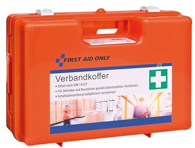 First Aid Only Erste Hilfe Koffer DIN 13157 mit Wandhalterung | Verbandskasten für Betriebe und Haushalte gefüllt nach DIN 13157:2021 | Tragegriff, Montagematerial und 90°-Arretierung | P-10016